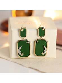 Exaggerated Square Geometric Cubic Zirconia Earrings, Fashionable Star & Moon Design, Versatile Jewelry Accessory (No Box)