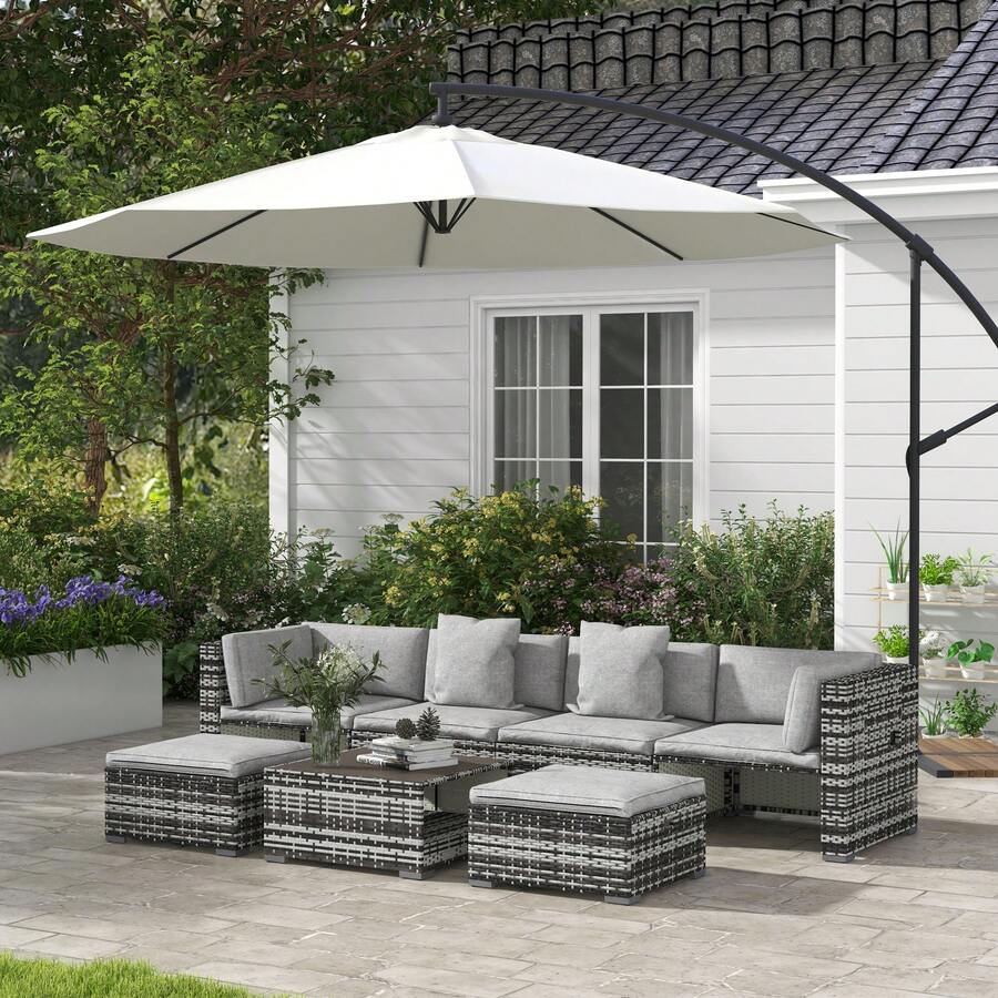 Outsunny 7 Pieces PE Rattan Garden Sofa Set Patio Furniture Set With Glass Table, Stools, Cushions, Pillows, For Outdoor Balcony, Mixed Grey - Grey - View 1