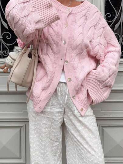 Suéter de punto para mujer de otoño/invierno - Tops básicos - Estilo casual versátil y dulce - Suéter de punto con cuello redondo y botones de unicolor minimalista - Atuendos de oficina para mujer - Tops para salir - Fiesta - Año Nuevo