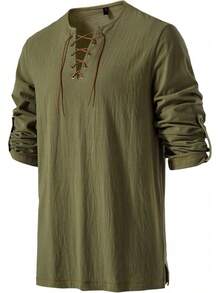 Men's Pure Cotton Vintage Lace Up Shirts For Pirate Renaissance Viking Medieval Costume Without Belt - 酒紅色 - 查看 9