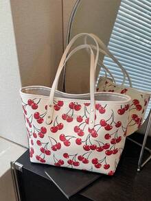 Cute Cherry Pattern Large Capacity Handbag| Women's Casual Versatile Shoulder Tote, Simple Fashion Shopping Bag, Everyday Work Purse - 白色 - 查看 6