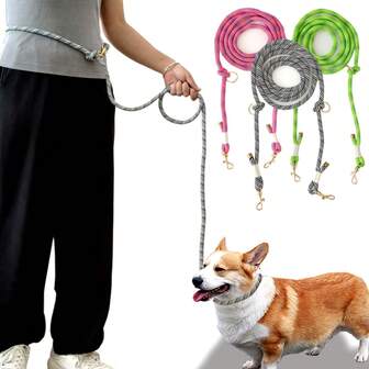 250厘米长手工编织多功能宠物狗牵引绳，长度可调，双牵引绳夹适合小型、中型、大型犬户外跑步训练