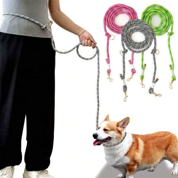 250cm Long Handmade Woven Multi-Functional Pet Dog Leash, Adjustable Length, Dual Leash Clips Suitable For Small, Medium, Large Dogs Outdoor Running Training