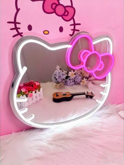 Sanrio Sanrio 1pc Bedroom Wall Mirror Anime KT Cat Neon Lights, Dressing Table, Dressing Room, Living Room, Hallway, Neon Lights, Mirror Strip Dimmable LED Light Strip, Home Bathroom Decoration, Dressing Light USB/Battery Powered LED Neon Lights, Pink Bedroom Wall Decoration, Suitable For Rooms, Valentine's Day Parties