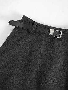 EARO French Style Casual Women's Flared Skirt With Belt, Non-Stretch Fabric, Comfortable & Fashionable For Daily Wear In Autumn/Winter, Waist Slimming, Loose Fit, A-Line Silhouette, Stylish & Minimalist Design - Black - View 4