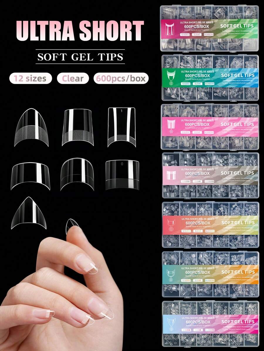 600Pcs Pre-Shaped Extra Short Stiletto False Nails Press On Nails Soak Off Clear Nail Tips With 10 Sizes Half Cover Nail Tips For Acrylic Nail Nail Supplies Nails