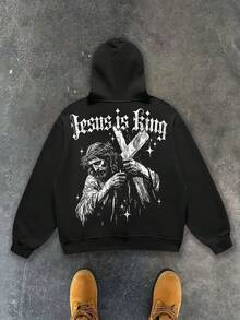 "Jesus Is King" Religious Graphic Hoodie Men's Hoodies, Printed Hoodies, Unisex Hoodies And Casual Hooded Sweatshirts. Featuring A Casual Style Design And Comfortable Fit - Simply Fantastic! Such Lovely Printed Hoodies, Vintage-Style Hoodies (250g Polyester Fiber), Graphic Hoodies, Unisex Y2K-Style Hooded Sweatshirts - 黑色 - 查看 2