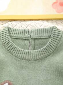 女婴针织长袖小鹿图案连体衣 - 青碧色 - 查看 2