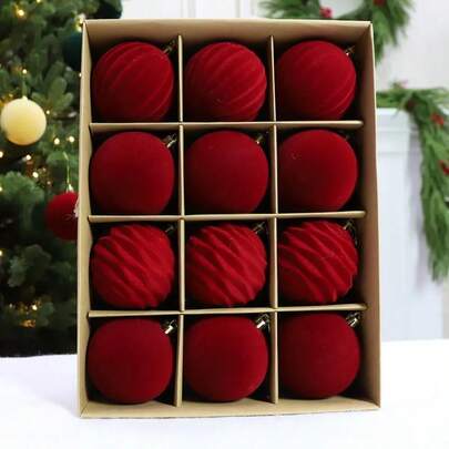 12 piezas Bolas de Navidad de terciopelo - Bolas de árbol de Navidad rojas con textura aterciopelada y cintas doradas, bolas de plástico irrompibles para decorar el árbol de Navidad, decoración del hogar y suministros para fiestas, elegantes juegos de adornos navideños para decoración estacional, bolas colgantes festivas para exhibiciones de celebración navideña, decoraciones navideñas para el hogar, regalos de Navidad, decoración navideña