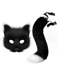 1 Set Of 2pcs Sexy Maid Costume Accessories - Plush Cat Ear Fox Mask & Tail, Role Play Outfit, Halloween Gift, Party Supplies - Multicolor - View 13