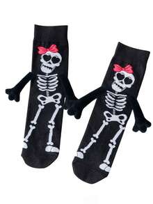 1 par de calcetines de media caña unisex personalizados para pareja/mejor amigo, con diseño de manos magnéticas, adecuados para Halloween, Navidad, fiestas en casa. Calcetines con diseños de calabaza, calavera y diablo, apropiados como regalo.