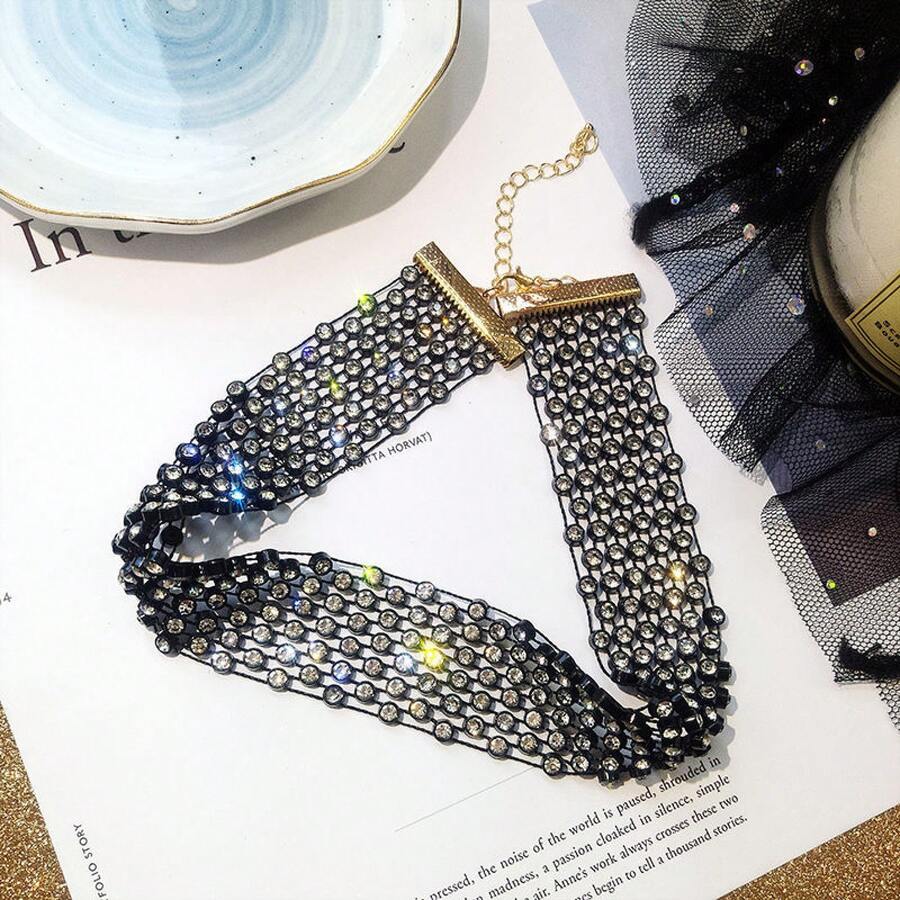 Exaggerated Shiny Multi-Row Rhinestone Long Tassel Collarbone Chain For Women, Internet Celebrity Personality Neckband, Black Vintage Necklace