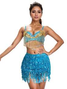 Conjunto de sujetador de danza del vientre con lentejuelas brillantes y cadena de cintura con flecos para mujer, disfraz de carnaval - Multicolor - Ver 18