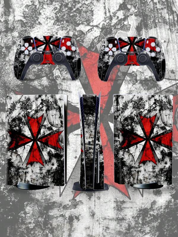 SUPSTICKER 1pc Horror Industrial Style Geometric Pattern Gaming Console Sticker, Self-Adhesive PVC Material, Scratch-Resistant, Waterproof, Durable, Removable, Compatible With PS5 Console And Controller, Perfect For Beautification, Transformation, And Renovation, 16.37x11.61inch