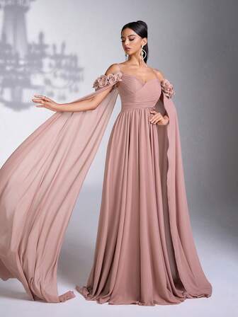 AOSHABABI 雪纺飘逸长款晚礼服，露肩荷叶边袖 + 飘逸斗篷，垂坠腰部喇叭裙，适合正式场合、音乐节、庆典、婚礼、派对、毕业典礼、鸡尾酒会、约会、节日和伴娘礼服