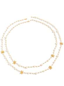 1 套 2 件奢华仿珍珠蝴蝶结多层长项链，复古流苏毛衣链，精致设计，带有 3D 蝴蝶结、珍珠和流苏，适合女性日常、度假和正式场合 - 金色 - 查看 6