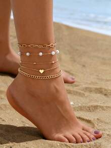 4pcs/Set Faux Pearl Delicate Chain Multi-Layer Anklet, Fashionable Heart Shaped Layered Jewelry Decoration For Women, Suitable For Daily Wear