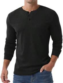 Men's Henley Long Sleeve Casual Classic Button Pullover Tee - Styles - 黑色 - 查看 5