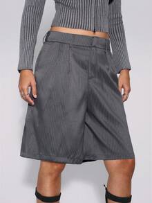 TypaGal Women's Striped Pocket Gray Woven Bermuda Shorts Fall Autumn Winter Casual Sporty Chic Modern Going Out Strip Pattern Pockets - Grey - View 4