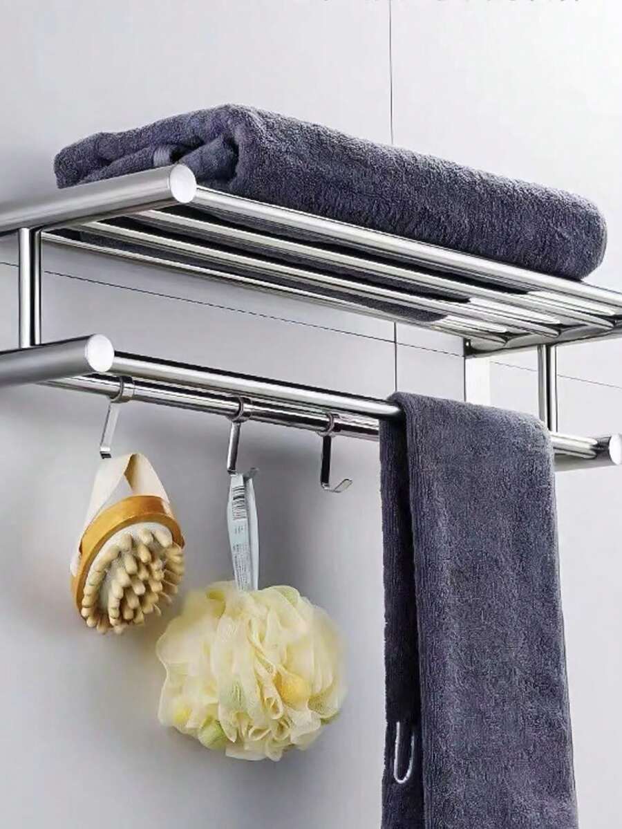 1pc 50cm Thickened 304 Stainless Steel Hotel Home Bathroom Towel Rack, Bath Towel Holder, Bathroom Towel Storage Rack, Drill-Free And Drill-Mount Dual-Use Bathroom Hardware Wall-Mounted Toilet Towel Rack, Double-Layer Bathroom Towel Rack With Hooks, Suitable For Bathroom Storage Organizer. Rust-Proof SUS304 Stainless Steel Towel Rack, Wall-Mounted Double-Layer Towel Rack, Suitable For Shower Room Bathroom. Double-Layer Bathroom Towel Rack With Storage Shelf - Silver - View 1