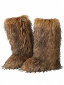 EdgyElongate Women's Winter Christmas Fur Boots Fuzzy Fluffy Round Toe Suede Booties Flat Heel Slip On Furry Snow Boots Fashion Warm Fluffy Shoes - Nâu dài - Xem 11