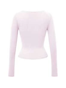 GLAMSKIN Women's Autumn Solid Color Sweet Square Neck Long Sleeve Knit Cropped Top, Sexy Slim Fit Basic T-Shirt, Back To School, Outing, Daily Streetwear - Light Pink - View 4