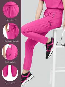 cimmuovere Quần đồng phục y tế nữ dáng suông, nhiều túi, cạp chun, ống côn, thích hợp cho y tá, nha sĩ, nhân viên chăm sóc sức khỏe, bệnh viện thú cưng, phòng thí nghiệm (mùa xuân). - Màu Hồng Tươi - Xem 5