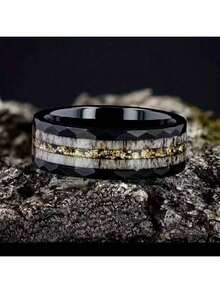 1pc Men's Black Tungsten Carbide Ring,Inlay Muonionalusta Meteorite Interstellar Ring Hammered Wedding Band For Daily Wear, Gift For Party Holiday Birthday Anniversary