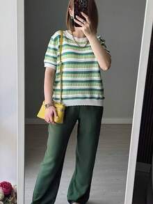 GIGOGOU Nueva camiseta de mujer de verano con mangas cortas, rayas, tejido de punto y calada