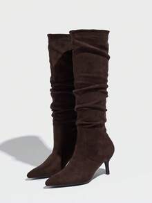 2025秋冬新款女士时尚舒适百搭纯色褶皱套脚高跟长靴，适合各种场合，猫跟靴，派对靴 - 咖啡棕 - 查看 5