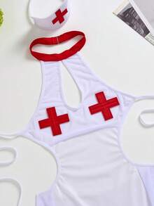 Halloween Nurse Costume For Women, Sexy Lingerie Set Includes Sheer Mesh Contrast Cross Halter Romper, Panty, Headband - White - View 8