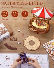 Robotime Rolife Carousel Theme 3D Wooden Music Box - DIY Model Assembly Kit With Music And LED Lights, 265 Pieces, Adult & Teen Home Decor Craft Kit, Christmas Gift - Multicolor - View 9