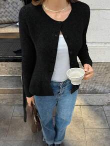 FOR BEAUTY Autumn And Winter Solid Color Round Neck Long Sleeve Waist Slimming Sweater Women's New Daily Casual Commuting Cardigan Fashionable Elegant Simple Coat Christmas Warm Sweater Top New Year