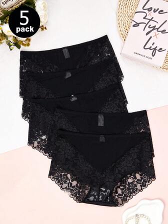 5件装性感半透明透气纯色网眼休闲黑色内裤