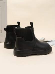 1 par de botas Chelsea negras de talla grande para adolescentes y niños, de cuero suave + parche de malla de punto, punta redonda clásica, cierre con cremallera, suela blanda, de moda y lindas, adecuadas para niños y niñas de 3 a 15 años, para uso diario, casual, escuela, vacaciones, otoño/invierno - Negro - Ver 7
