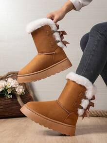 Classic Girl's Waterproof Anti-Slip Mid-Calf Or Rear Bowknot Snow Boots, Versatile Comfortable Warm Ankle Boots, Available In Brown, Black And Beige, Suitable For Indoor Warmth And Mild Outdoor Waterproof, Student Winter Snow Boots, Essential For Christmas - Brown - View 1