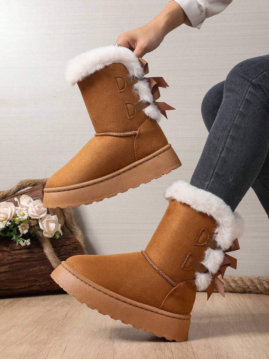 Classic Girl's Waterproof Anti-Slip Mid-Calf Or Rear Bowknot Snow Boots, Versatile Comfortable Warm Ankle Boots, Available In Brown, Black And Beige, Suitable For Indoor Warmth And Mild Outdoor Waterproof, Student Winter Snow Boots, Essential For Christmas - Brown - View 1