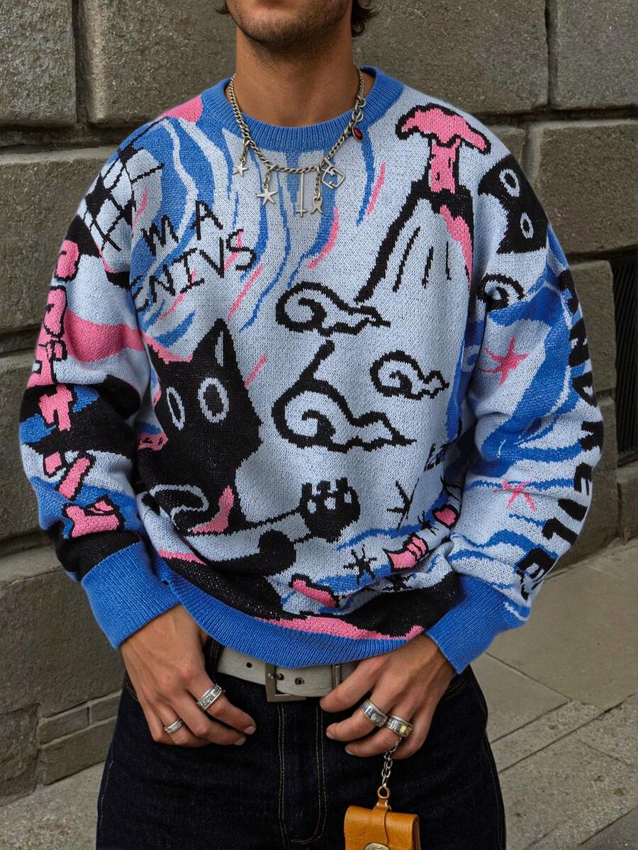 ANDREILEE Áo len dài tay dáng rộng, thoải mái, unisex, phong cách tối giản, màu trơn, họa tiết hoạt hình khảm, thích hợp cho mùa tựu trường và đi làm. - Màu xanh lam - Xem 1