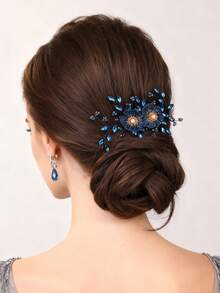 1pc Handmade Elegant Blue Flower Bridal Hair Clip, Rhinestone Headpiece Suitable For Wedding & Party