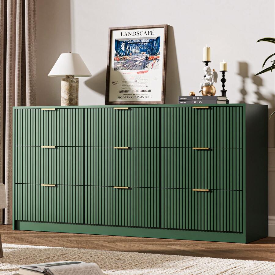 BVFUKA 9 Drawer Dresser Fluted Modern Wide Chest Gold Handles Storage Cabinet For Bedroom Living Room Entryway - 綠色 - 查看 1