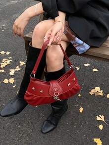 Bolso de hombro de cuero para mujer con tachuelas y dijes con forma de estrella, diseño fruncido de bolso cruzado para uso diario