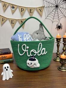 1 pieza Bolsa de tela personalizada para dulces y aperitivos con asa de cuerda, cesta para pedir dulces en Halloween