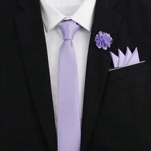 ZONFAZ 3pcs Men's Solid Color Business Fashion Satin Tie, Straight Insert Pocket Square, Brooch Suit Set, Suitable For Men's Wedding, Party, Event Attire - Purple - View 4