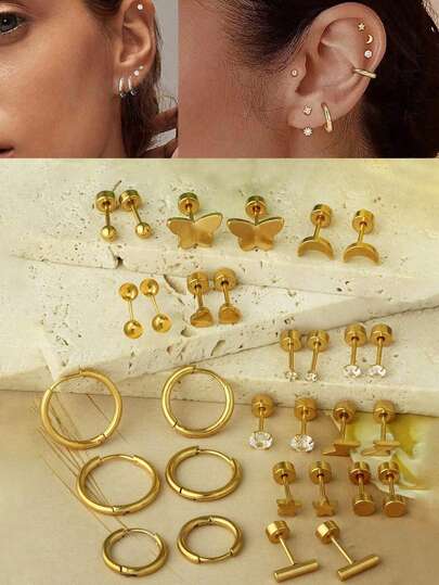 30pcs Small Flat Back Stud Earrings For Women Men Gold Plated Stainless Steel Earring Sets Tiny Screw Back Cartilage Earring Piercing Jewelry