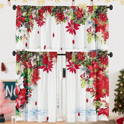 1PC Valance/2PCS Curtain Christmas Poinsettia Curtain Valances 3 Piece Set Upper Curtain 28''x40''  & Lower Curtain 60'' L X 18'' W X2 Kitchen Windows Decor Red (Rod Not Included)