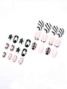 24 piezas de uñas ovaladas prensadas, diseños de uñas estilo francés en negro y blanco con patrones de estampado de leopardo para otoño e invierno, patrones de estrellas en negro y blanco profundo, un conjunto de dedos completos con estilo retro, creando un hermoso look de maquillaje. Uñas ovaladas prensadas. Adecuado para que las mujeres y las niñas lo usen durante citas y reuniones diarias.
