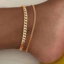 2pcs Chic Women'S Anklet Set - Stainless Steel Double Layer Cuban Chain, Perfect For Daily Wear & Vacation - Golden - 查看 1
