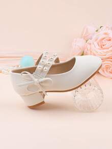 Zapatos de vestir con tacón grueso, decorados con lazo y perlas en estilo minimalista blanco, adecuados para ocasiones formales, fiestas, bodas, actuaciones, ballet, estilo princesa, para niñas pequeñas, niñas y niñas grandes