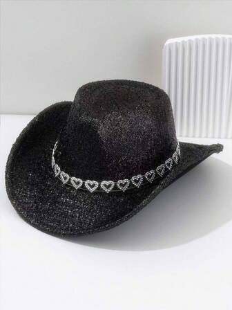 1pc Unisex Shiny Bride & Groom Wedding Hat, Elegant British Style Cowboy Hat With Rhinestone Chain, Suitable For Western Theme Party, Engagement, Graduation, Costume Party, Festivals, Birthdays, Music Events, All Season