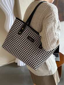 1 件大容量简约千鸟格铆钉装饰女士手提包 - 黑色 - 查看 7
